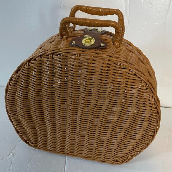 Woven Wicker Picnic Basket Carrying Case Handbag - Picture 2 of 7